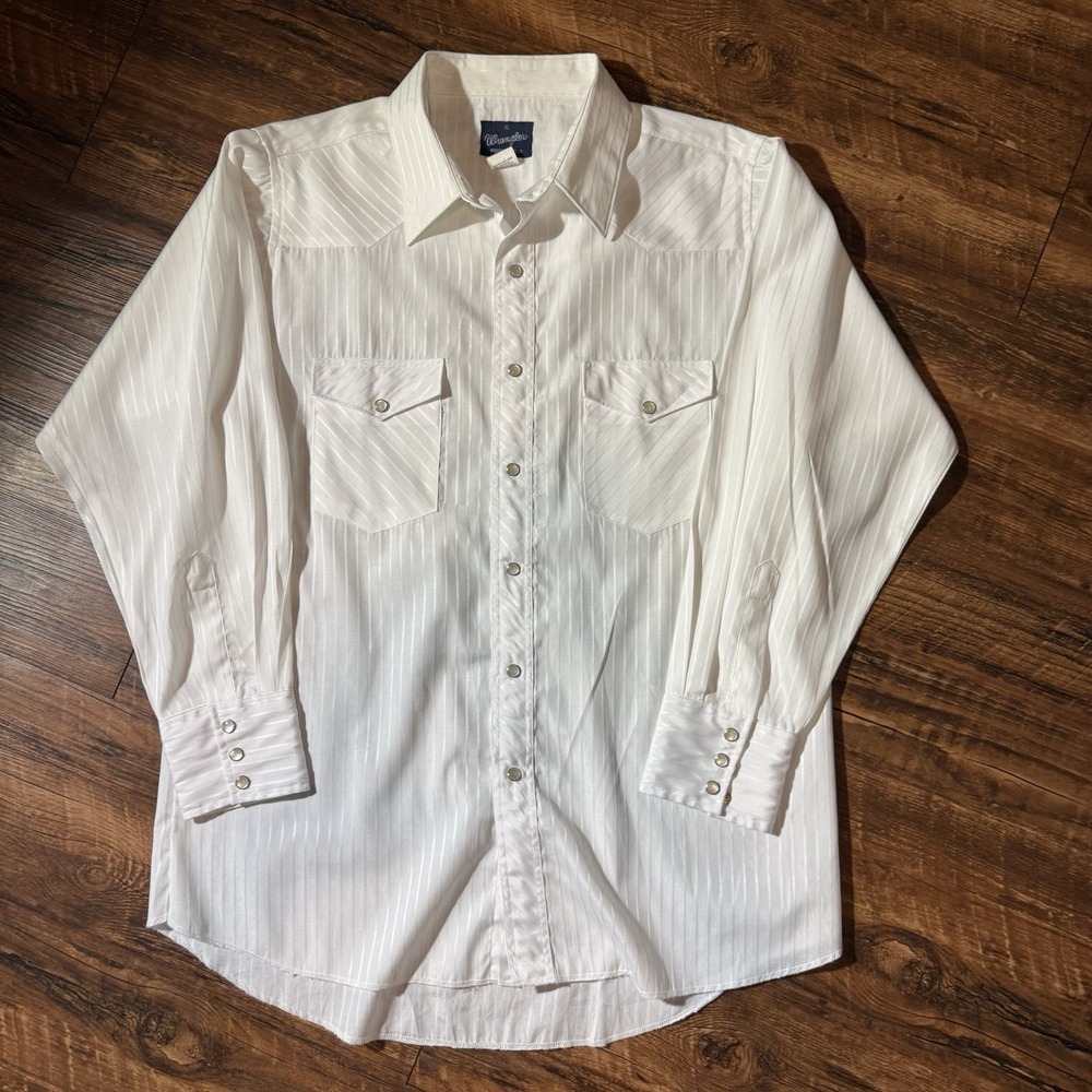 Wrangler White Striped Pearl Snap Button Down Long Sleeve Shirt Men's XL Western